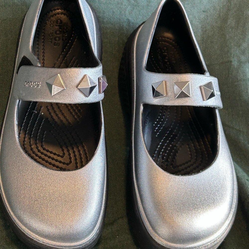 CROCS Silver Platform Shoes with Stud Accents